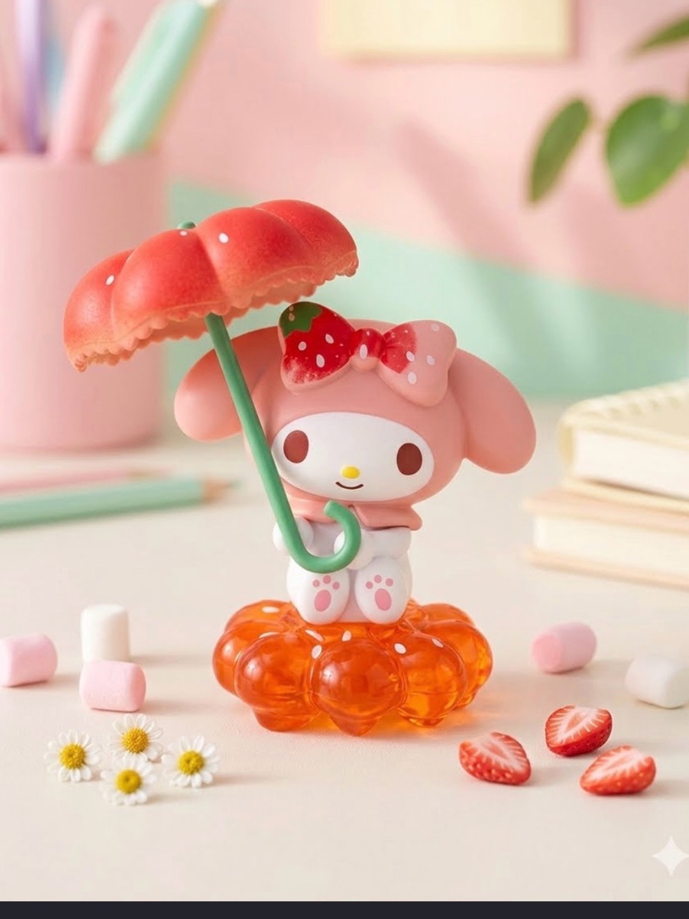 Sanrio My Melody Figure with Red Umbrella and Orange Base
